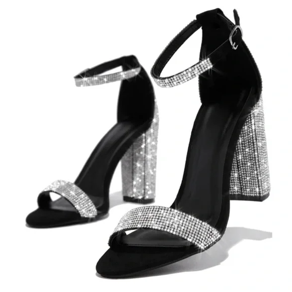 Black Embellished block heels 10M - Picture 3 of 3